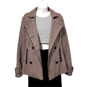 Emmelee Plaid Double Breasted Navy Beige Pink Tweed Trench Pea Coat Jack Sz M
